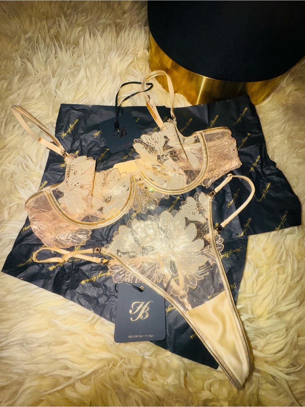 Honey Birdette Pale Nude Embroidered Lace Underwire Bra & Thong Set